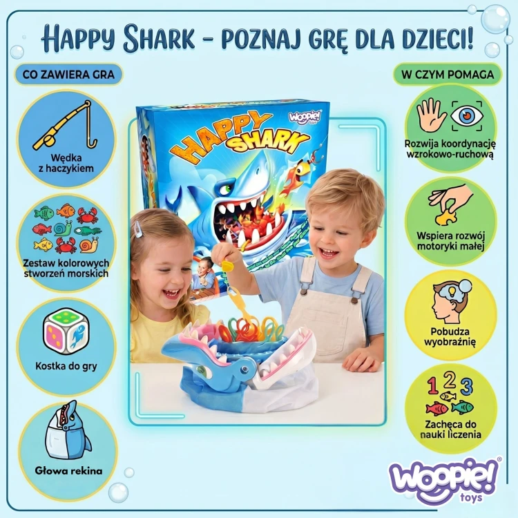 Zbliżenie na maskotkę Głodny Rekin z zestawu Łowienie Rybek WOOPIE — detal paszczy i kolorystyki figurek