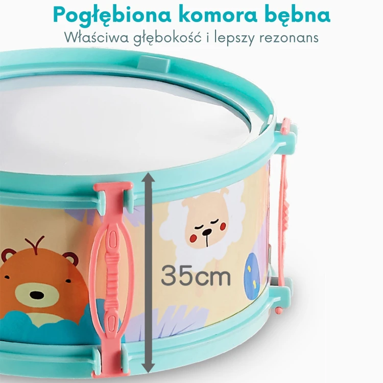 Komponenty zestawu WOOPIE — bębny, talerz i taboret rozłożone, pokaz elementów zestawu