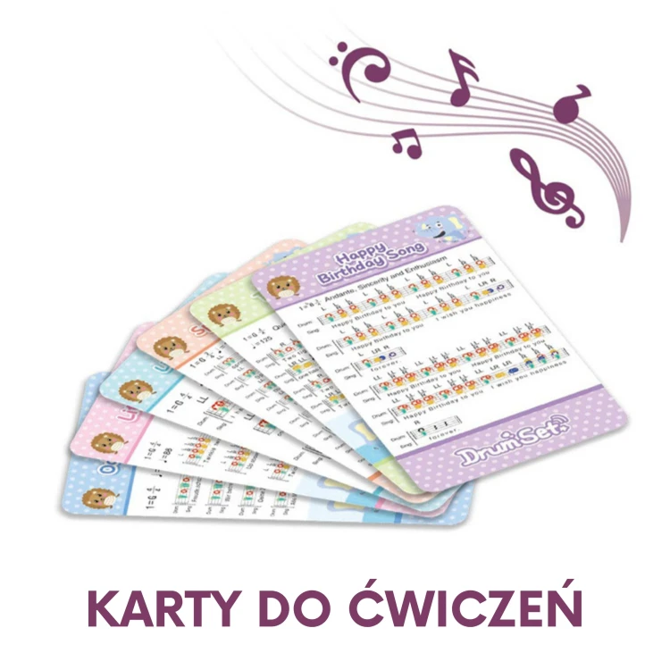 Dziecko grające na perkusji WOOPIE — pokaz zastosowania zestawu edukacyjnego z motywem zwierzątek