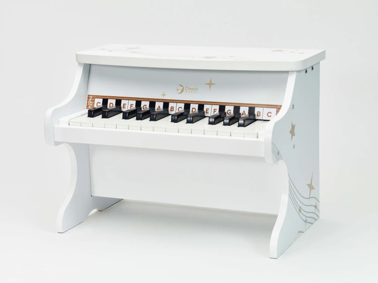 Komplet: pianino i książeczka CLASSIC WORLD ustawione razem, pokazane w naturalnym oświetleniu