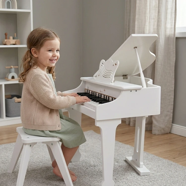 Widok z przodu pianina CLASSIC WORLD — klawiatura, przyciski funkcyjne i krzesełko obok