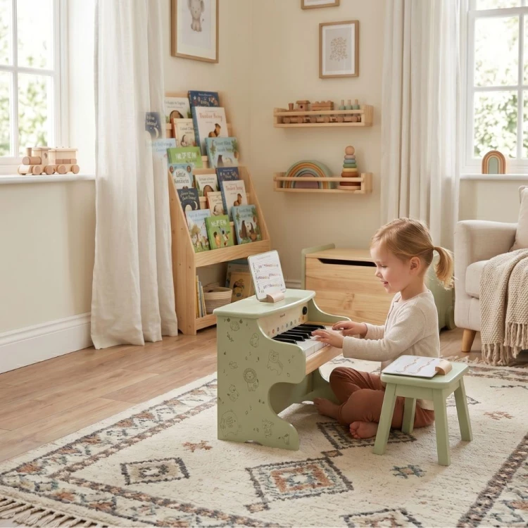 Perspektywiczne ujęcie pianina VIGA PolarB — instrument Montessori zachęcający do nauki gry nutek