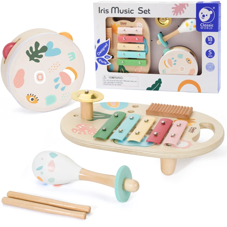 CLASSIC WORLD zestaw instrumentów muzycznych dla dzieci — cymbałki, bębenek i grzechotka, komplet 5 el., widok całości