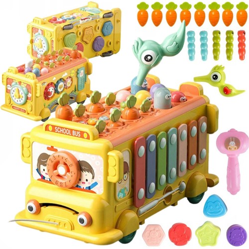 Interaktywny autobus Montessori WOOPIE BABY — kolorowy pojazd edukacyjny z młoteczkiem i cymbałkami 6w1