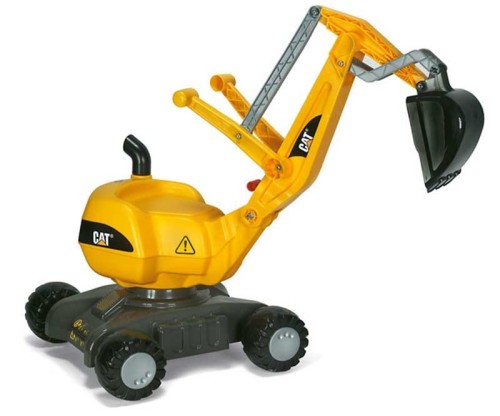 Koparka jeździk obrotowa Rolly Toys RollyDigger CAT w intensywnej żółci, widok z przodu i ramienia