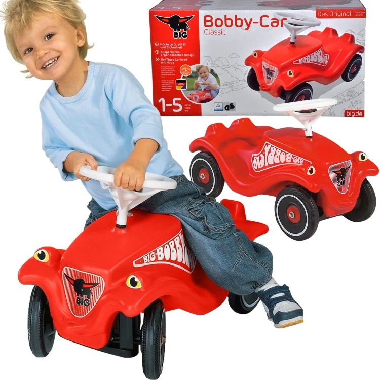 Jeździk Odpychacz Bobby Car Classic BIG — widok 3/4, kształt siedziska i stabilne koła