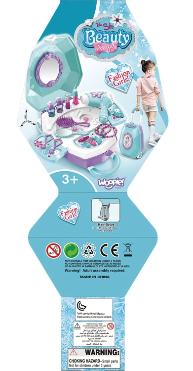 Toaletka WOOPIE rozłożona w walizkę — scena zabawy z lusterkiem i akcesoriami widoczna z większej odległości