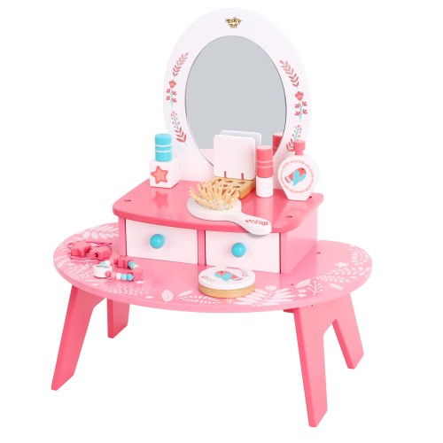 Różowa toaletka drewniana TOOKY TOY z lustrem — kompletna scena do zabawy i makijażu