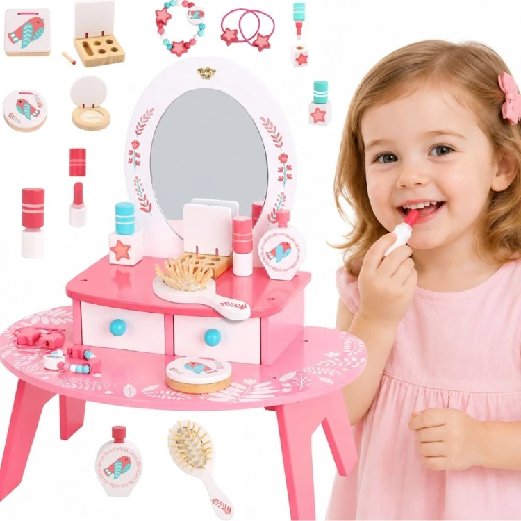 Przód toaletki TOOKY TOY — widoczne szufladki, blat i duże lustro idealne do zabawy