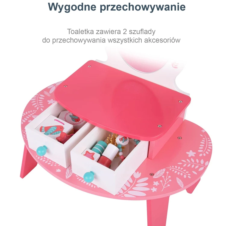 Zbliżenie na ramę lustra toaletki TOOKY TOY — widoczne wykończenie i detale drewna