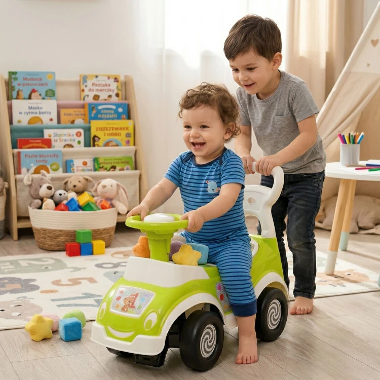 Detal kółek i mechanizmu jeździka WOOPIE — zbliżenie na konstrukcję i elementy jezdne
