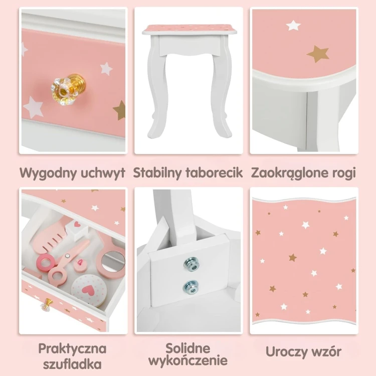 Detal zawiasu i mocowania lustra WOOPIE — zbliżenie na elementy metalowe i łączenia drewna