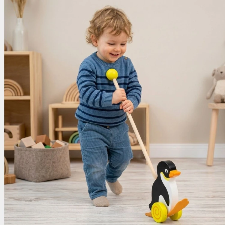Zbliżenie kółek i osi pchacza VIGA TOYS — widoczna stabilna konstrukcja oraz surowe, drewniane elementy