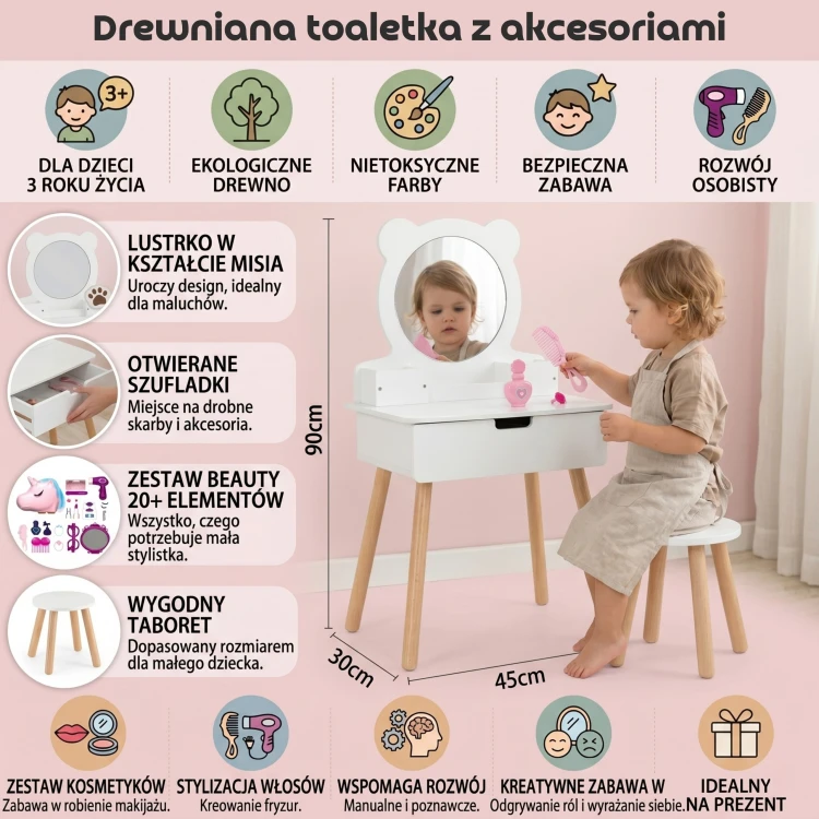 Widok z boku — drewniana toaletka VIGA z lśniącym lustrem i uchwytami szufladek