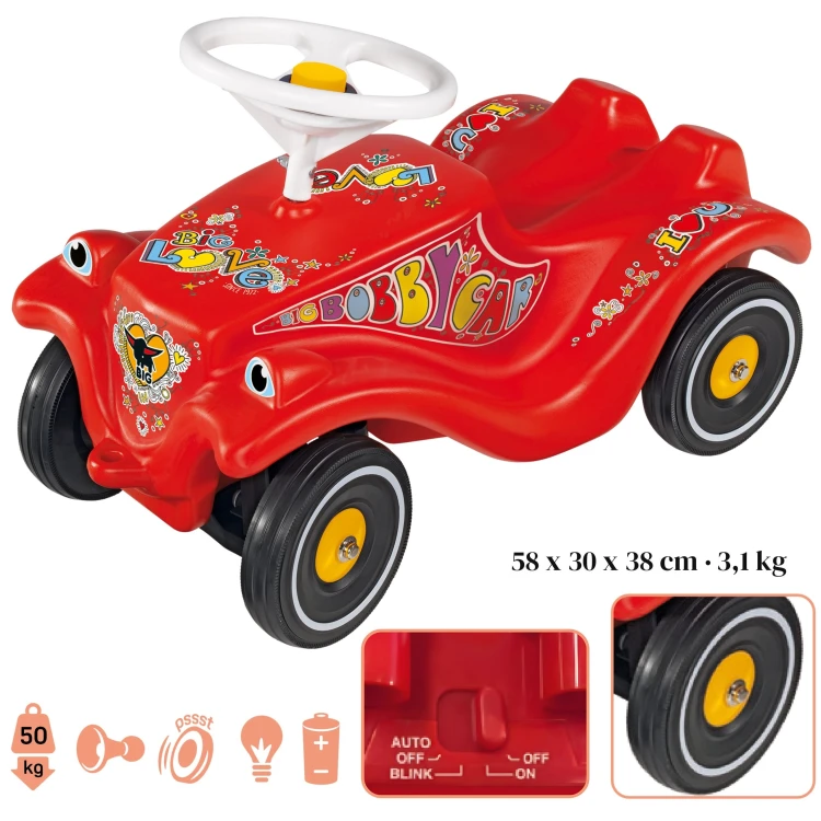 Widok wszystkich widocznych elementów jeździka BIG Bobby Car Classic na białym tle, ujęcie studyjne