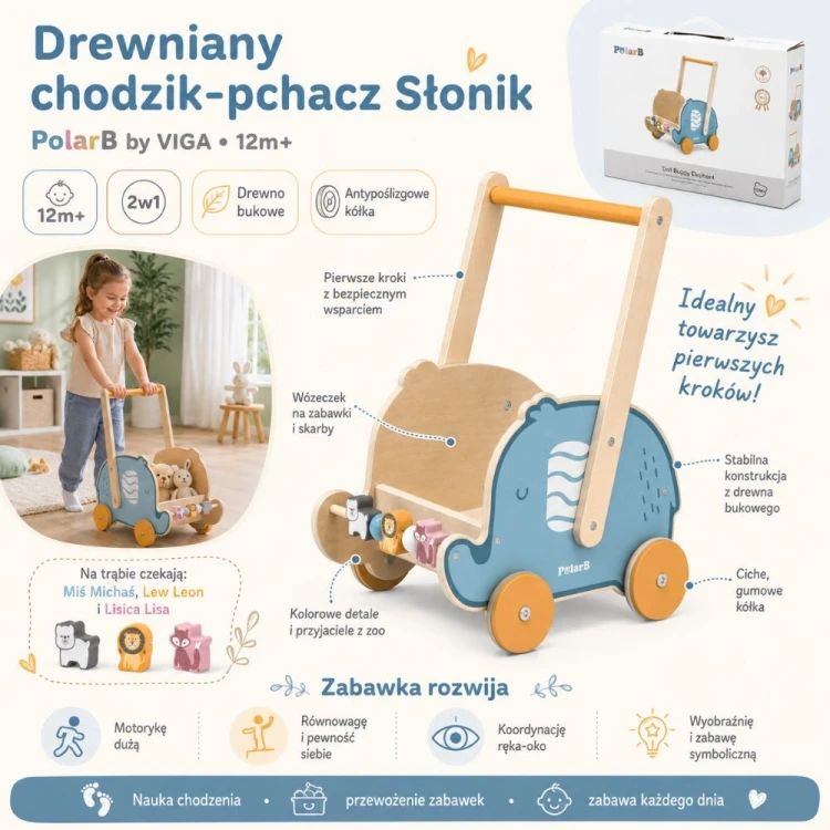 Spód wózka-pchacza VIGA PolarB — widoczne łączenia i stabilna konstrukcja pod drewnianą platformą