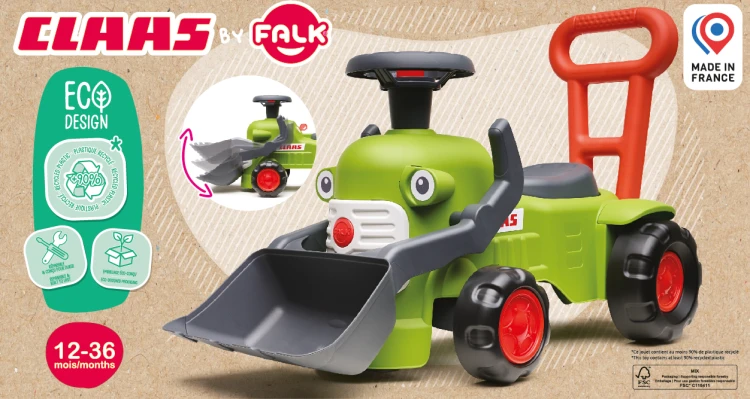 Ilustracja funkcji łyżki i przyczepki traktorka FALK — pokaz możliwości regulacji i ustawień elementów