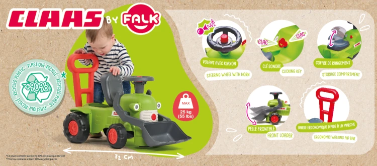 Schemat elementów i montażu traktorka FALK — grafika przedstawiająca rozmieszczenie części i łyżki