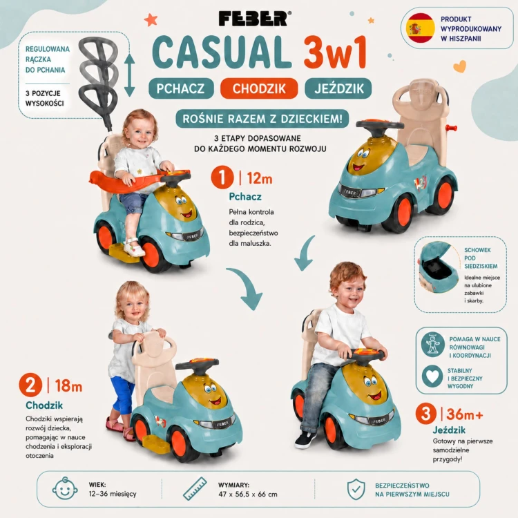 Klamra zabezpieczająca i pasy bezpieczeństwa CASUAL PUSH N'GO — detal montażu siedziska i zapięć