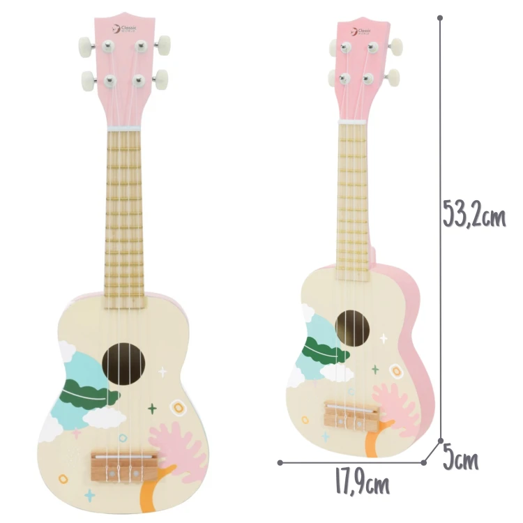 Zbliżenie powierzchni lakieru i usłojenia drewnianego ukulele CLASSIC WORLD, akcent na różowe wykończenie i fakturę