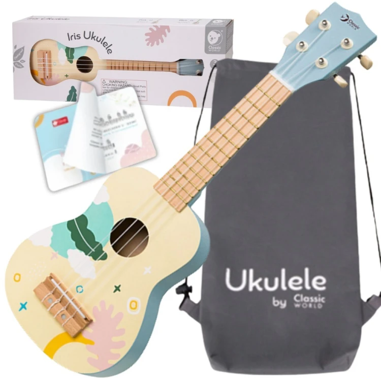 Drewniane ukulele dla dzieci CLASSIC WORLD w niebieskim wykończeniu — widok frontalny instrumentu