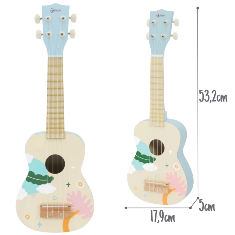 Ukulele CLASSIC WORLD na jasnym tle — podkreślone kształty korpusu i intensywność niebieskiego lakieru