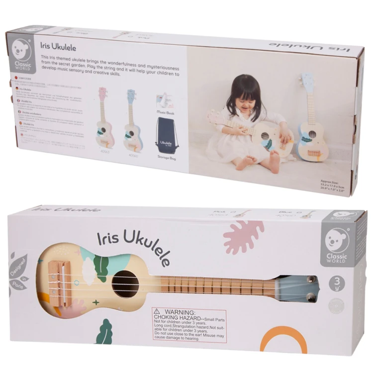 Widok z góry na rozłożony gryf i pudło ukulele dla dzieci — ergonomia i przyjazny rozmiar instrumentu