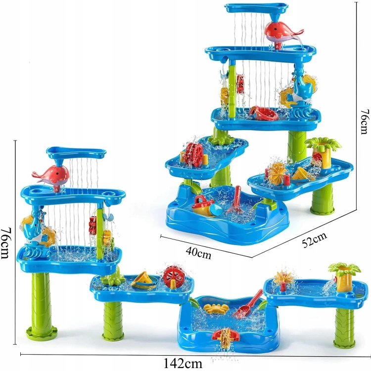 Gotowy zestaw Aquapark WOOPIE ustawiony na trawie — stolik wodny z piaskownicą w ogrodowym otoczeniu