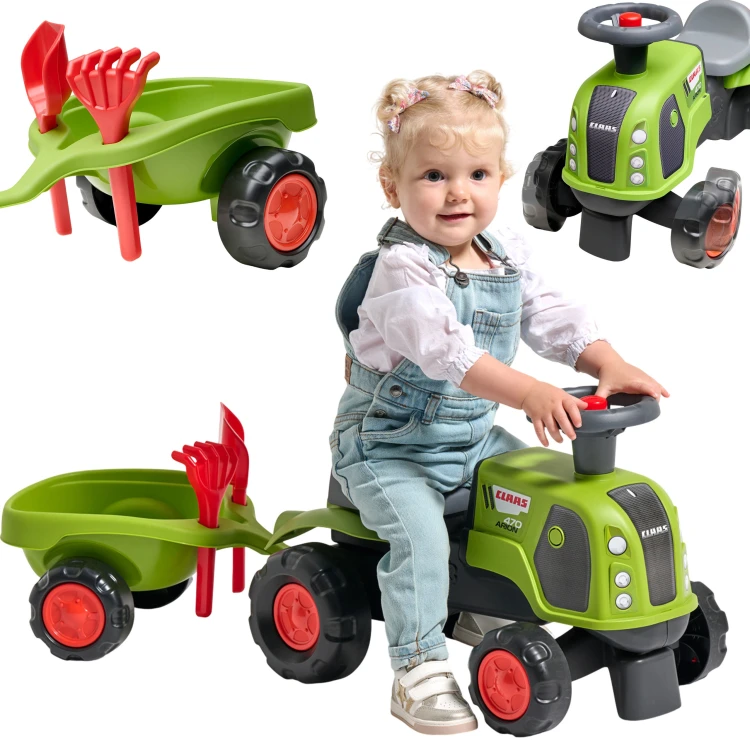 Jeździk Claas 470 Arion FALK w zielonym kolorze z przyczepką — widok 3/4