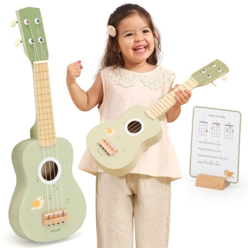 Viga drewniane ukulele w zielonym wykończeniu marki Viga — front z widocznymi nutami i strunami