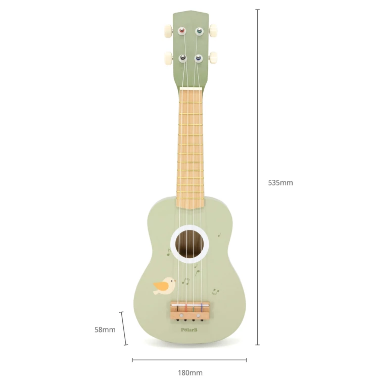 Opakowanie zielonego ukulele Viga z instrukcją i akcesoriami — gotowy zestaw na prezent dla dziecka