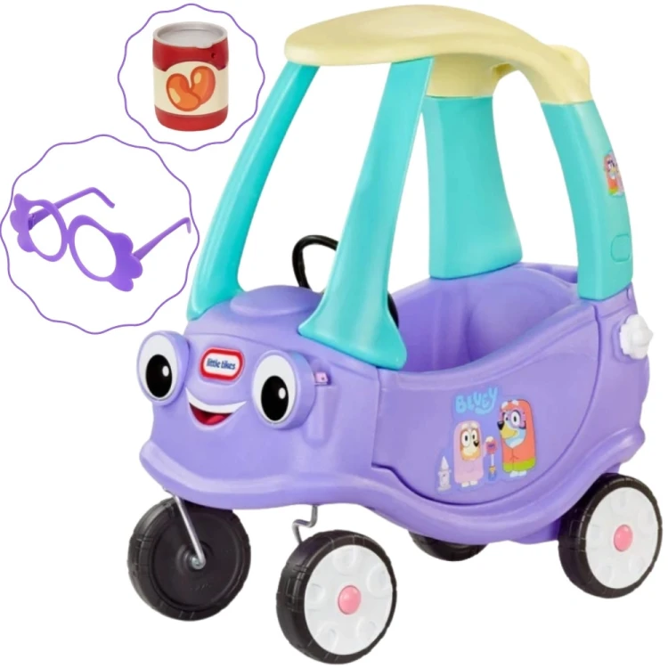 Jeździk Cozy Coupe Little Tikes z motywem Bluey — widok frontalny z kokpitem i daszkiem