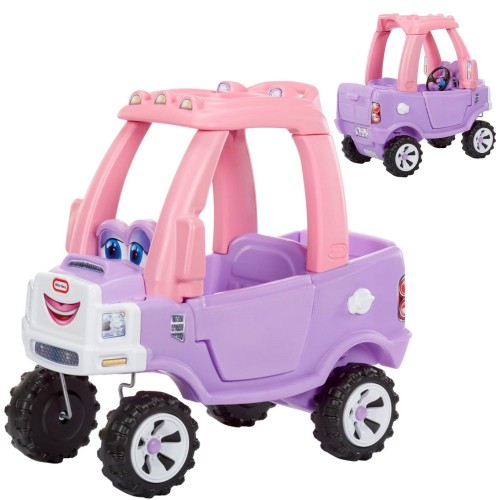Jeździk LITTLE TIKES Cozy Coupe Truck w różowym kolorze — widok z przodu z kierownicą, maską i reflektorami.