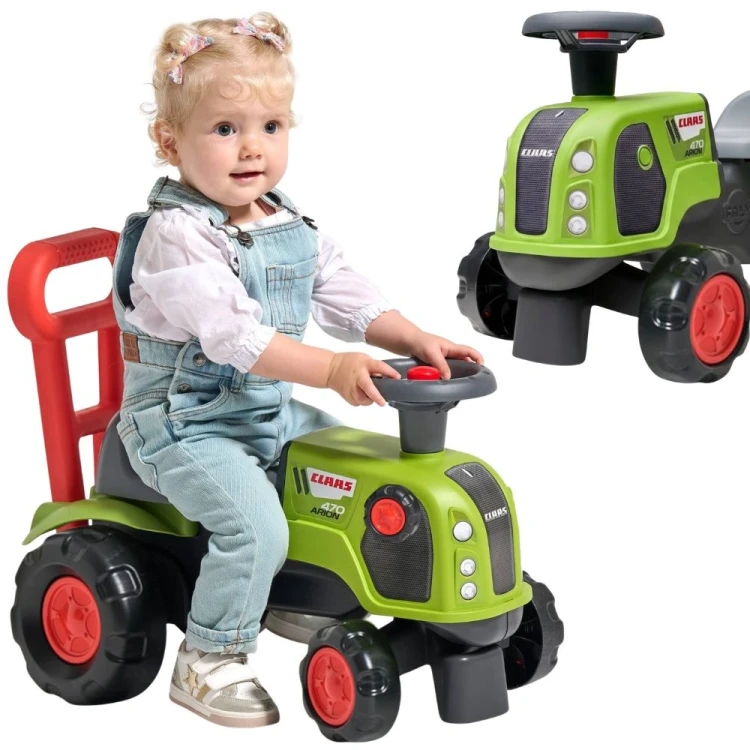 Kadr z boku — jeździk FALK Baby Claas Arion 470 pokazuje profil kół, stopień i siedzisko