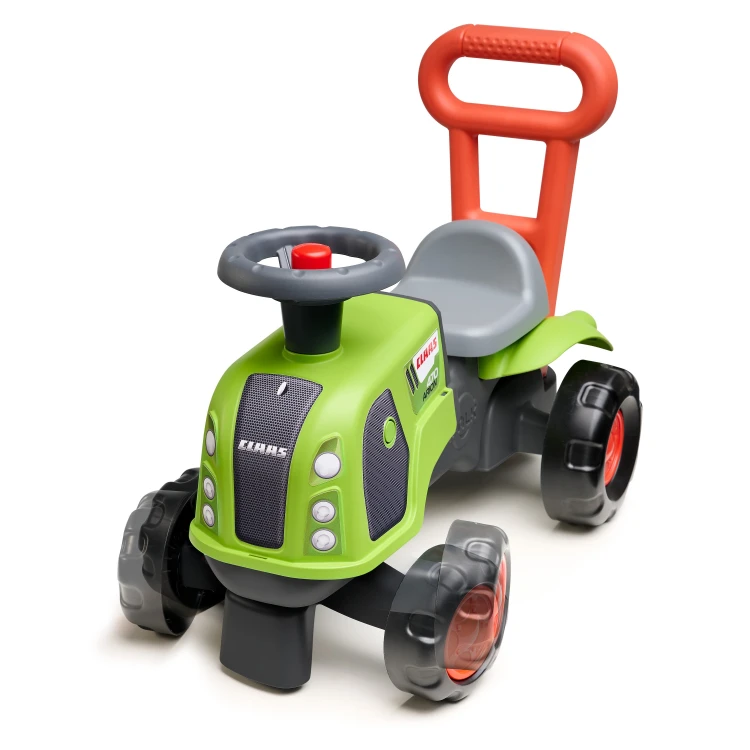Perspektywa z niskiego kąta pokazuje sylwetkę jeździka traktor Pchacz Baby Claas Arion 470 marki FALK