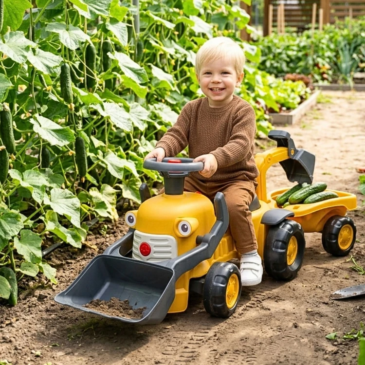 Zbliżenie na łyżkę koparki w jeździku FALK Komatsu — detal mechanizmu i sposób mocowania łyżki