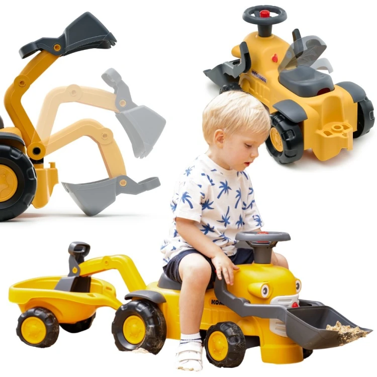 Detal z logo Komatsu na jeździku FALK — wyraźne oznaczenie marki i zbliżenie na kolorowe elementy pojazdu