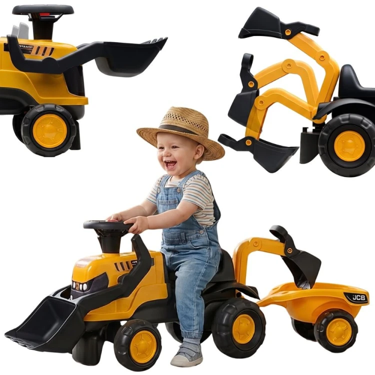 Jeździk Traktor JCB FALK z przyczepą i łopatką — widok 3/4 ukazujący całą konstrukcję i kolorystykę