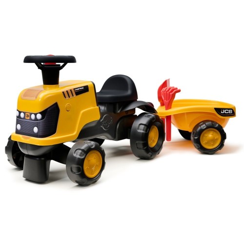 FALK Jeździk Traktor JCB Fastrac z przyczepą — widok z przodu pokazujący łopatkę i uchwyt na grabki