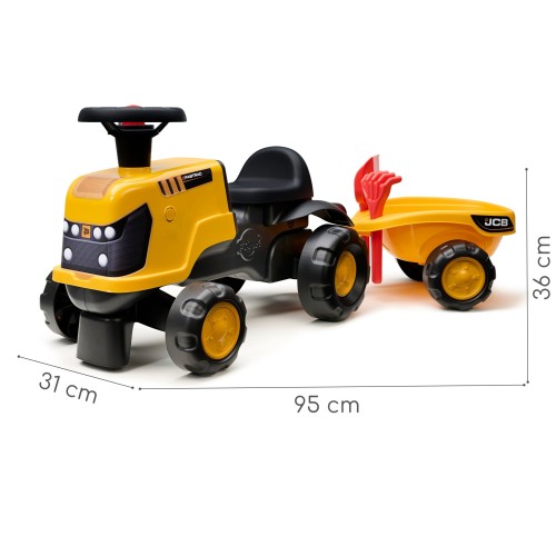 Szczegół boczny jeździka FALK Traktor JCB — przyczepa, mechanizm łopatki i miejsce montażu grabek