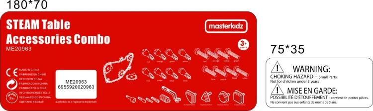 Komplet elementów z zestawu MASTERKIDZ rozłożony na stole - różnorodne kształty i kolory do zabawy