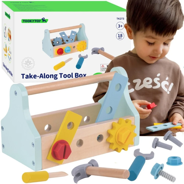 TOOKY TOY drewniana skrzynka z narzędziami 18 el. — kompletny zestaw w estetycznym, naturalnym pudełku