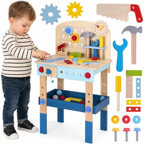 TOOKY TOY drewniany stół do majsterkowania z narzędziami — widok z przodu prezentujący cały zestaw