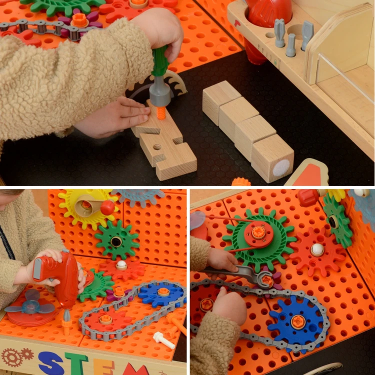 Panel aktywności Montessori na warsztacie MASTERKIDZ — elementy sensoryczne i ruchome części