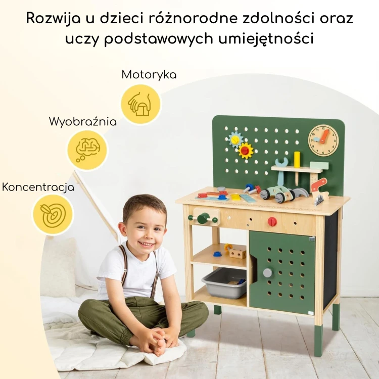Organizer na narzędzia WOOPIE GREEN — półki i haki widoczne z perspektywy użytkownika