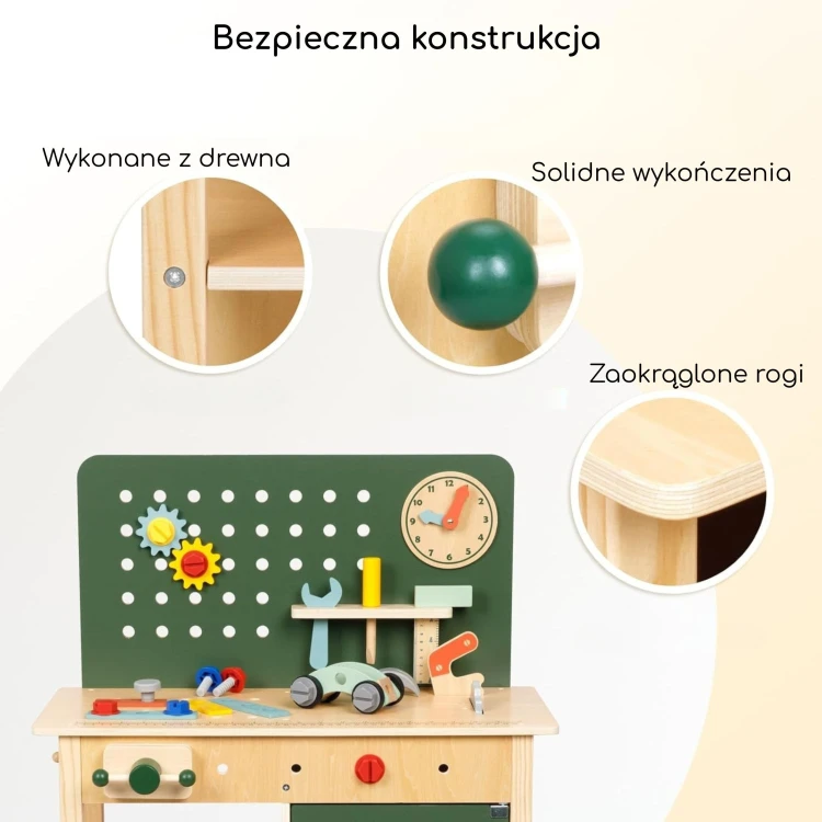 Pełen zestaw narzędzi WOOPIE GREEN ułożony obok warsztatu — wszystkie elementy widoczne