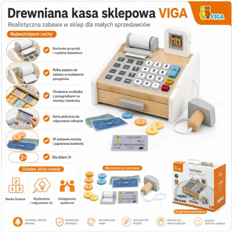 Kasa sklepowa VIGA — ujęcie całej kasy na białym tle ukazujące kształt, proporcje i szaro-białe akcenty
