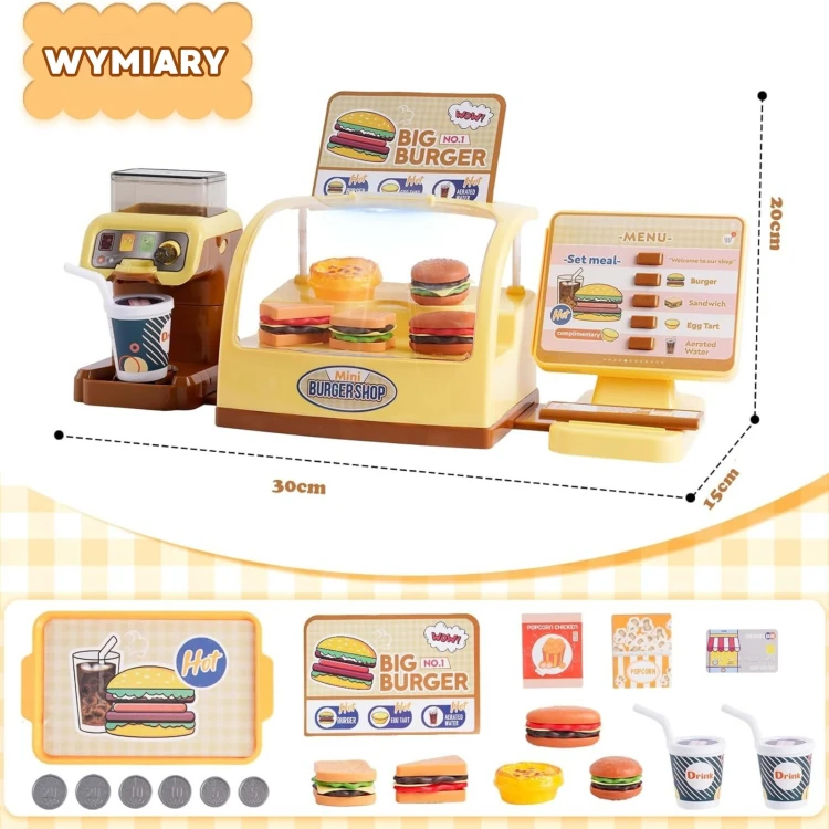 Akcja zabawy: figurki klientów przy ladzie sklepu Fast Food BIG BURGER — scena interakcji i serwowania