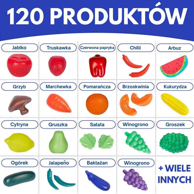 Pudełko z przegródkami — porządek 120 elementów zestawu WOOPIE, warzywa i owoce ułożone kolorystycznie.