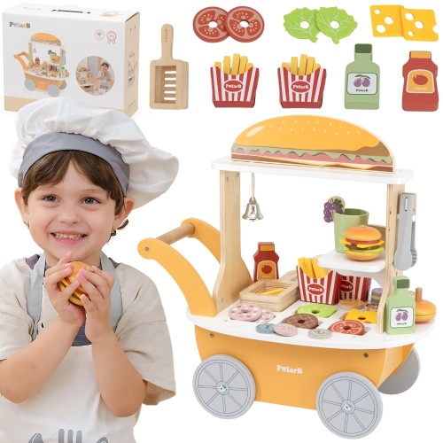 Zbliżenie na drewniane hamburgery i dodatki w minisklepie VIGA — detale zestawu i żywe kolory